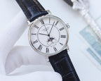 Longines watch with dark blue leather strap and silver round case, Roman numeral dial