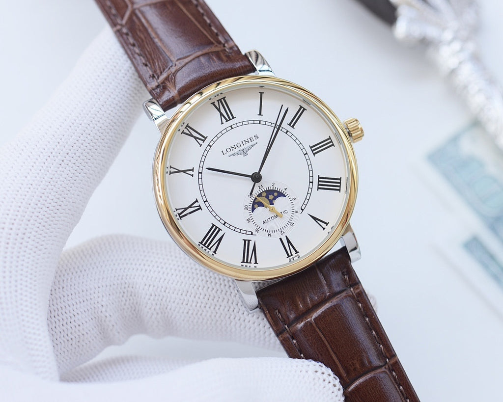 Analog wristwatch with brown leather strap and gold-tone round case, Roman numeral dial