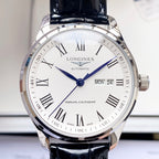 Automatic watch with textured white dial, blue hands and day/date window, black strap
