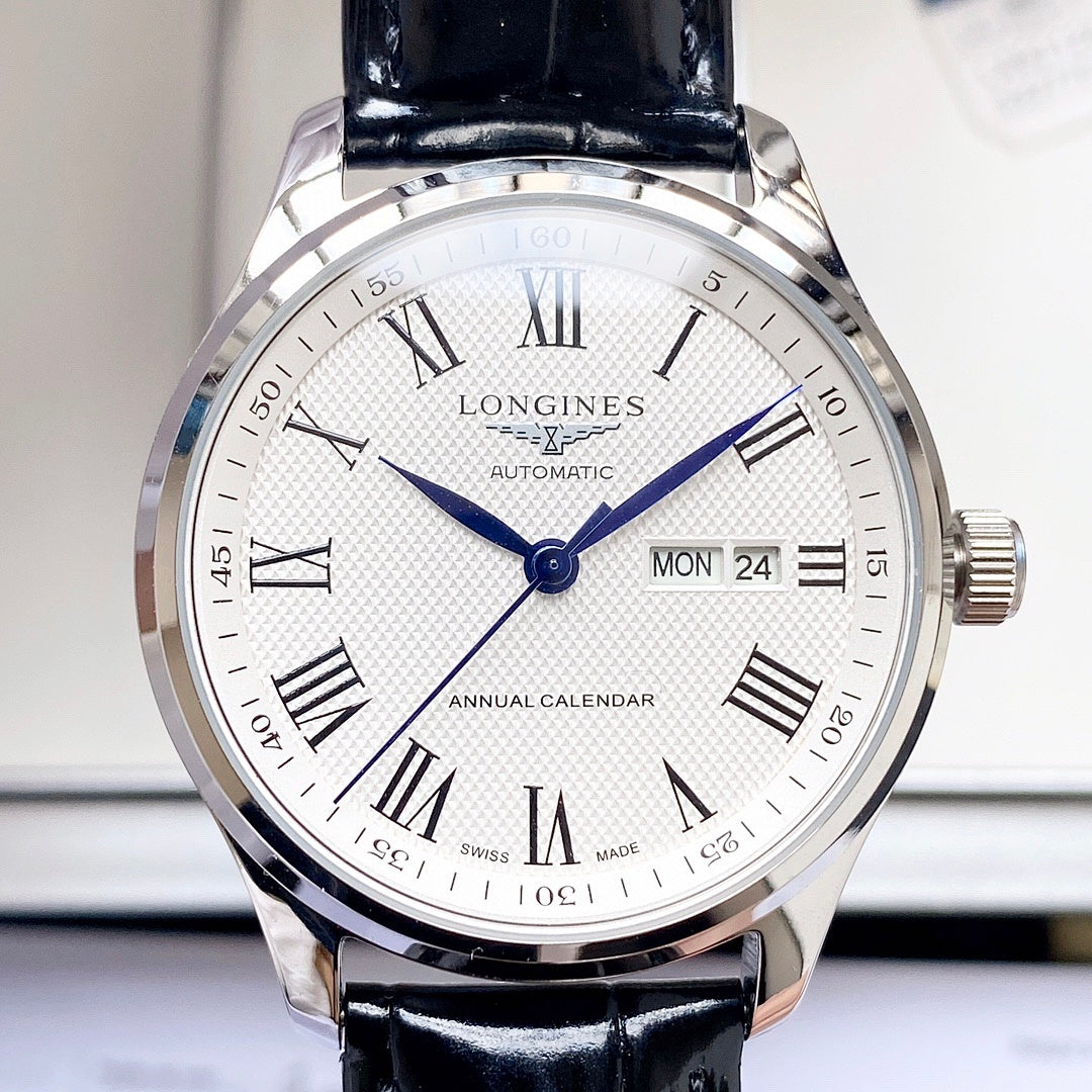 Automatic watch with textured white dial, blue hands and day/date window, black strap