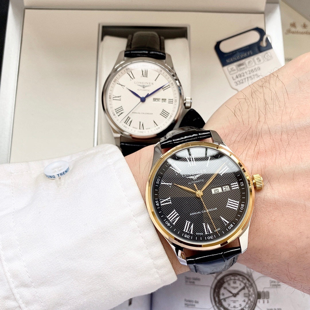 Automatic watch with dark textured dial, gold-toned case and black leather strap