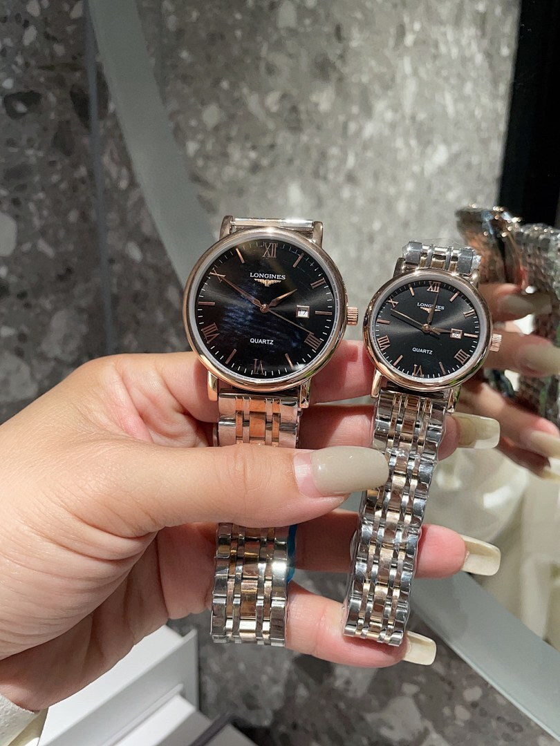 Pair of Longines quartz wristwatches, dark blue dials, stainless steel metal bracelet