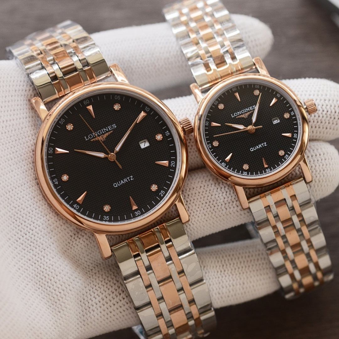 Longines quartz wristwatches with black dials and rose-gold tone link metal bracelets, two-pack
