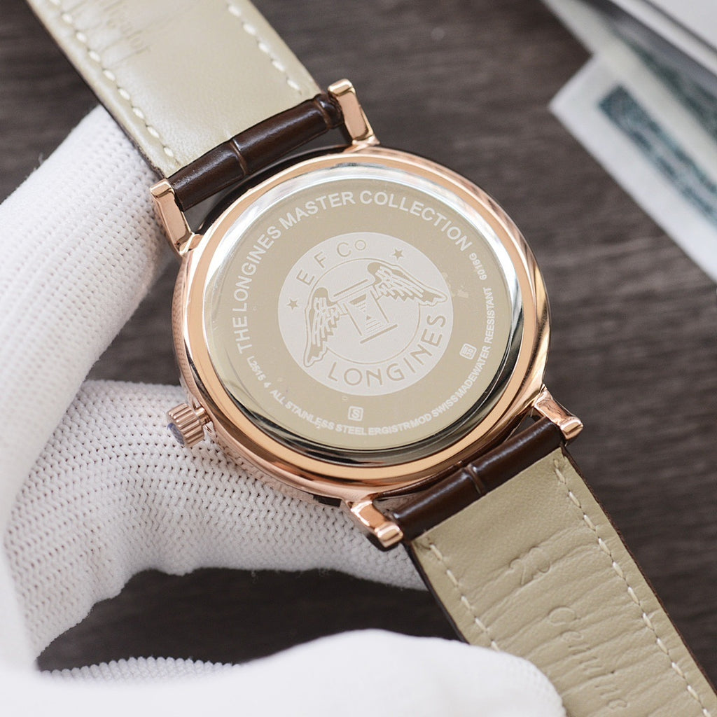 Longines wristwatch with rose-gold case, brown leather strap, engraved case back dial