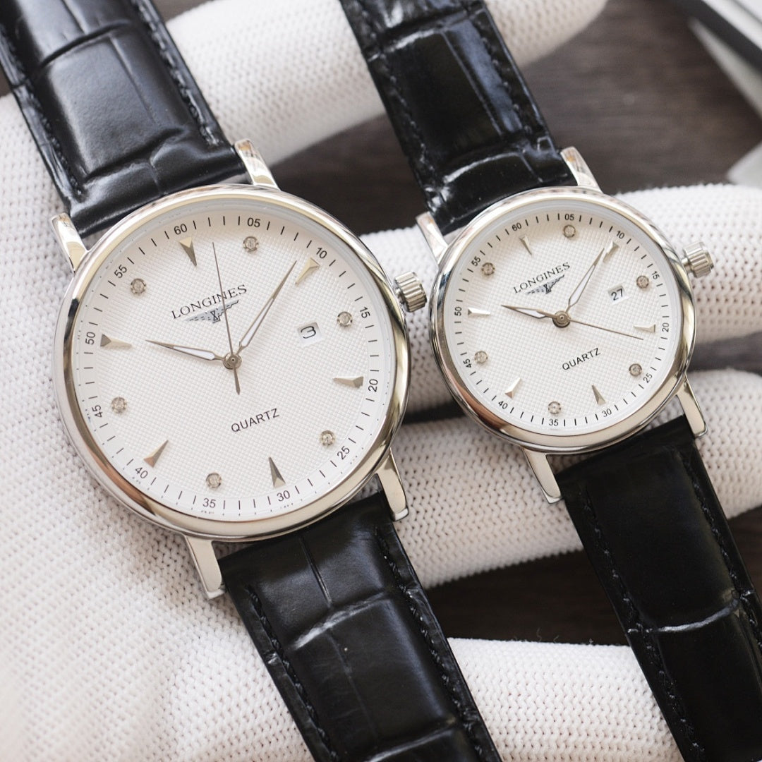 Longines quartz wristwatches with white dials and black leather straps, silver-tone cases, two-pack