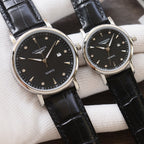 Longines quartz wristwatches with black dials and black leather straps, silver-tone cases, two-pack