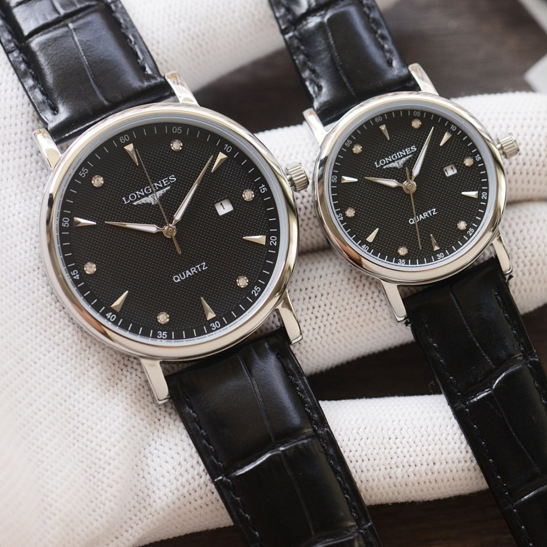 Longines quartz wristwatches with black dials and black leather straps, silver-tone cases, two-pack
