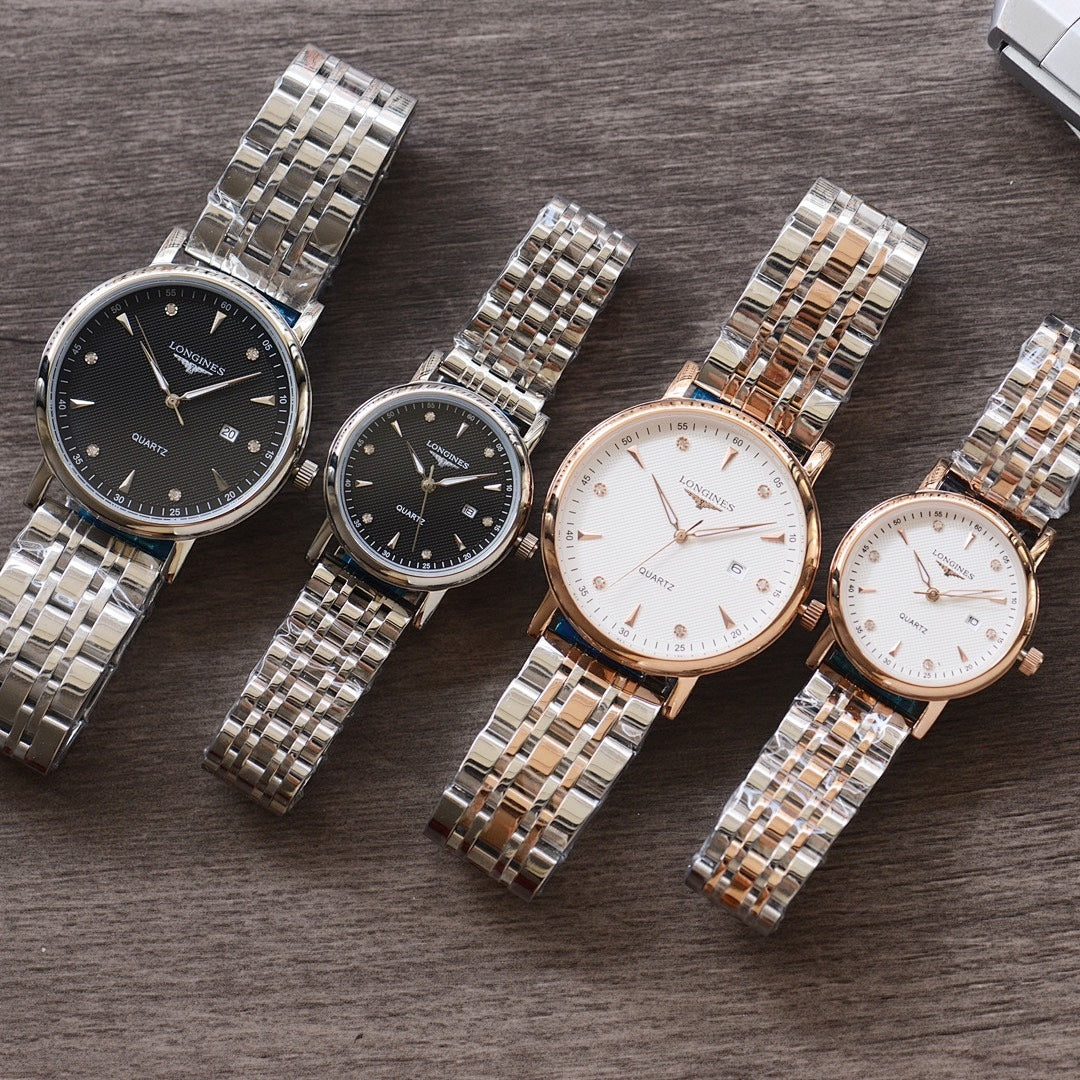 Assorted Longines quartz wristwatches with metal link bracelets and dark or white dials, four-pack