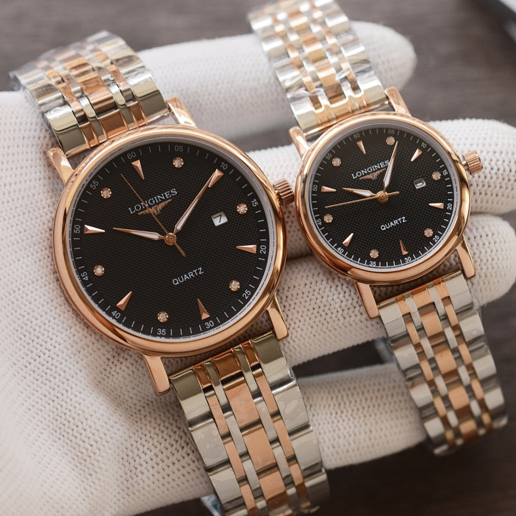 Longines quartz wristwatches with black dials and two-tone metal bracelets, rose-gold cases, two-pack