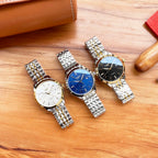 Two-tone Longines watches with silver bracelets, showing white, blue, and black dials