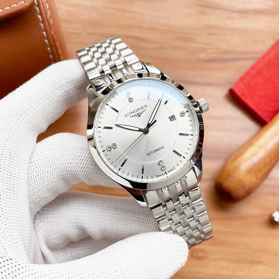 Longines automatic watch with white dial and silver link bracelet