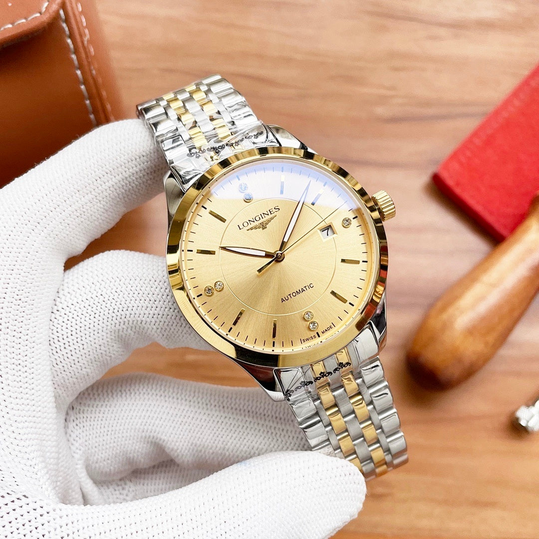 Longines automatic watch with gold bezel, champagne dial, and silver/gold link bracelet