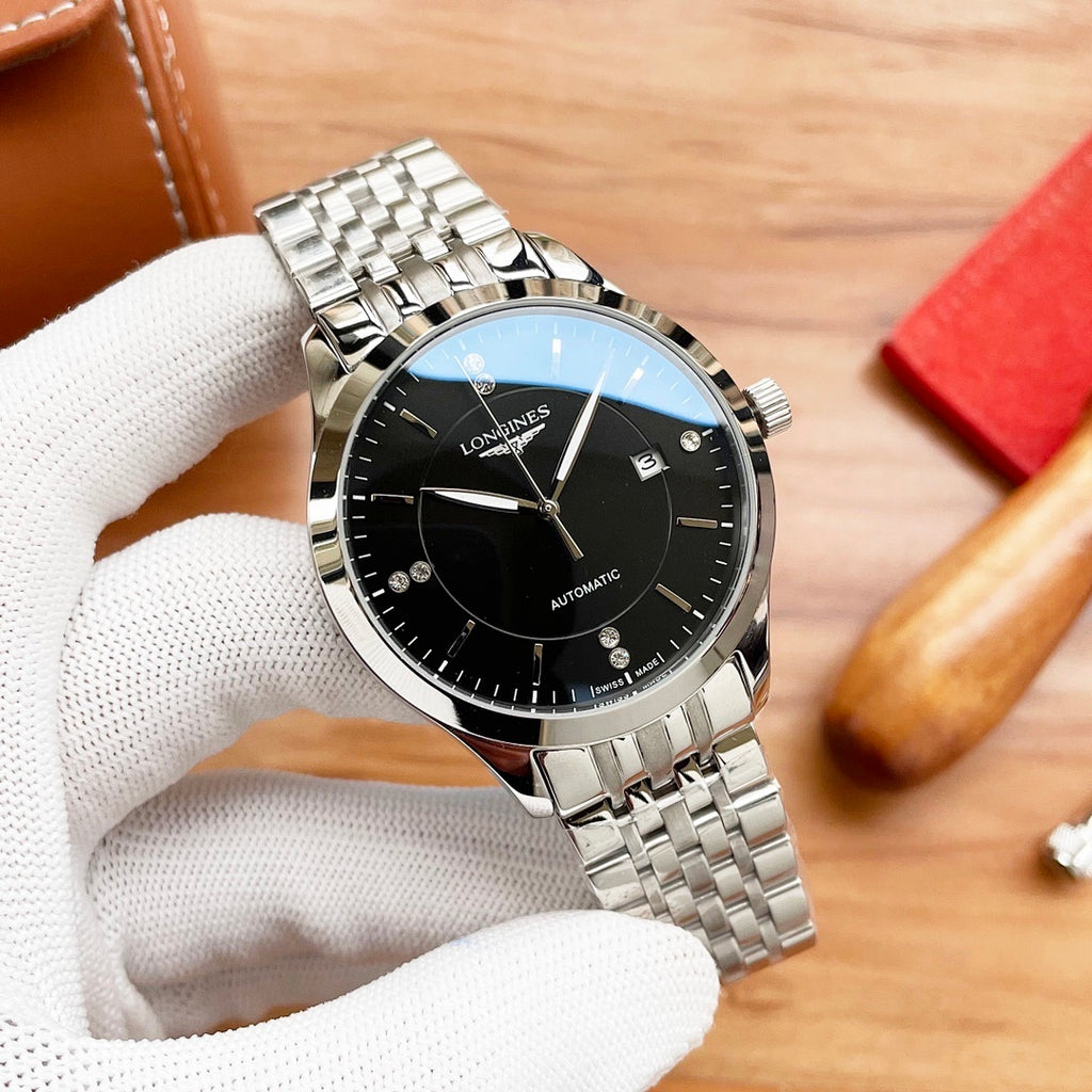 Longines automatic watch with black dial and silver link bracelet