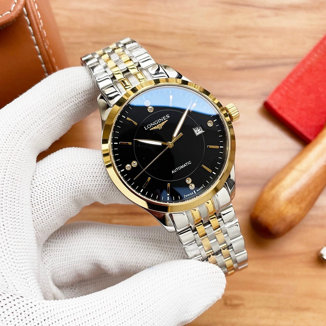 Longines automatic watch with black dial, gold bezel, and two-tone silver/gold bracelet