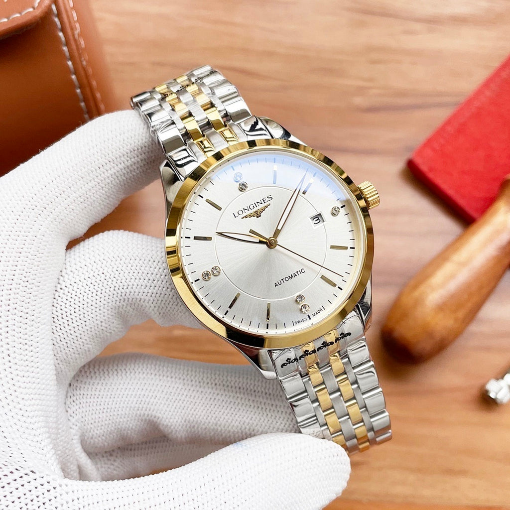 Longines automatic watch with champagne dial and two-tone silver/gold link bracelet