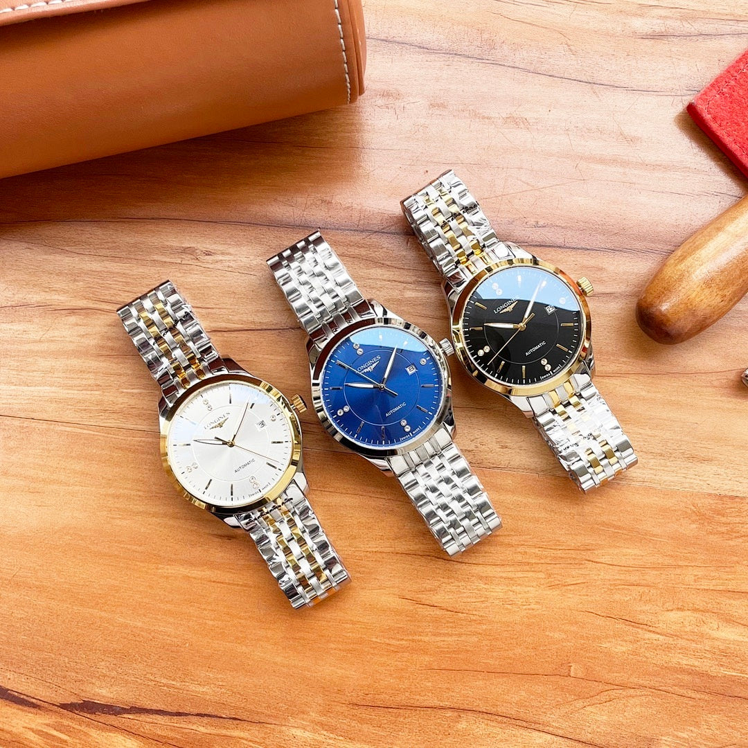 Two-tone Longines watches with silver bracelets, showing white, blue, and black dials