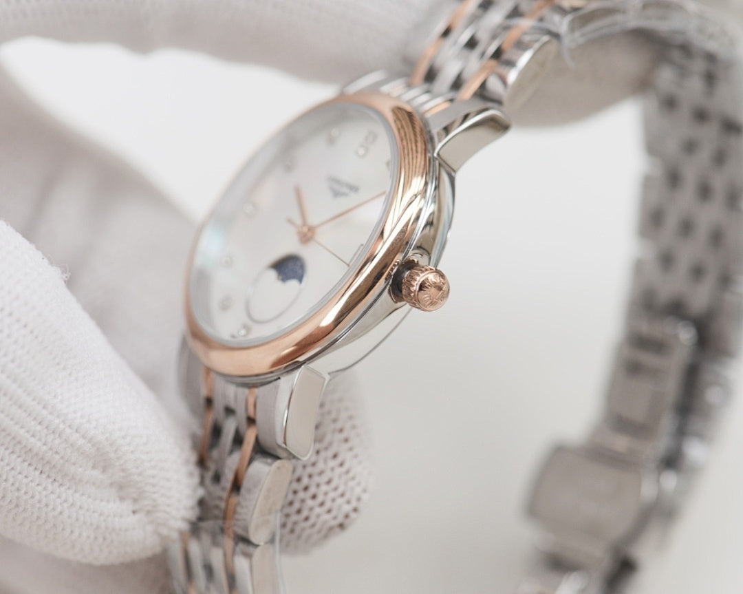 Longines watch with rose gold case, white dial, moonphase display, silver steel bracelet
