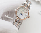 Longines watch with rose gold accents, white dial with moonphase, silver steel bracelet