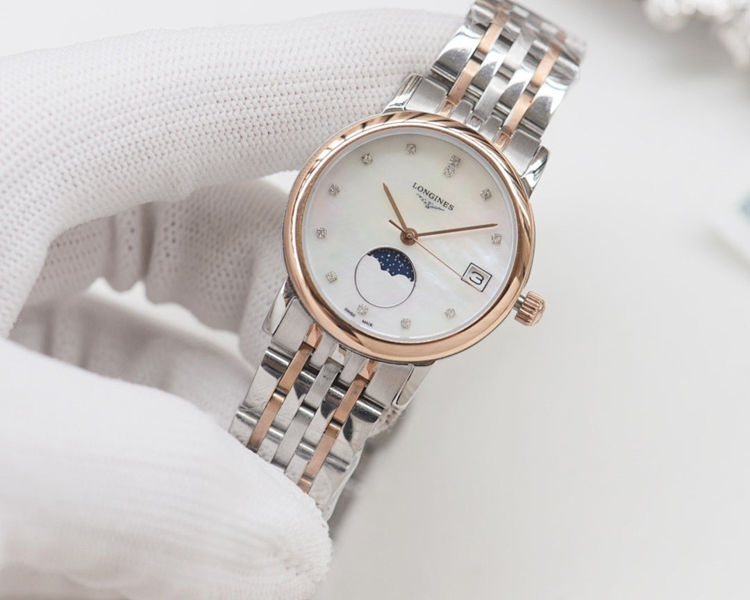 Longines watch with rose gold accents, white dial with moonphase, silver steel bracelet
