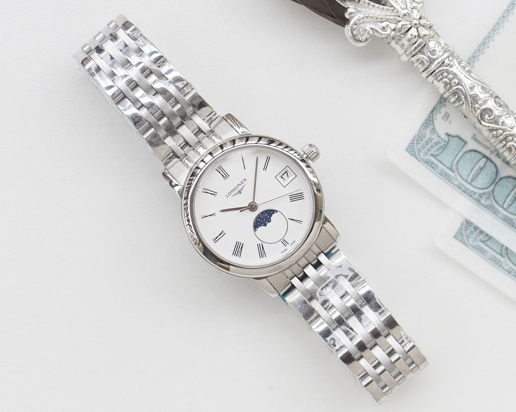 Longines watch with silver steel bracelet and white dial, moonphase subdial and roman numerals
