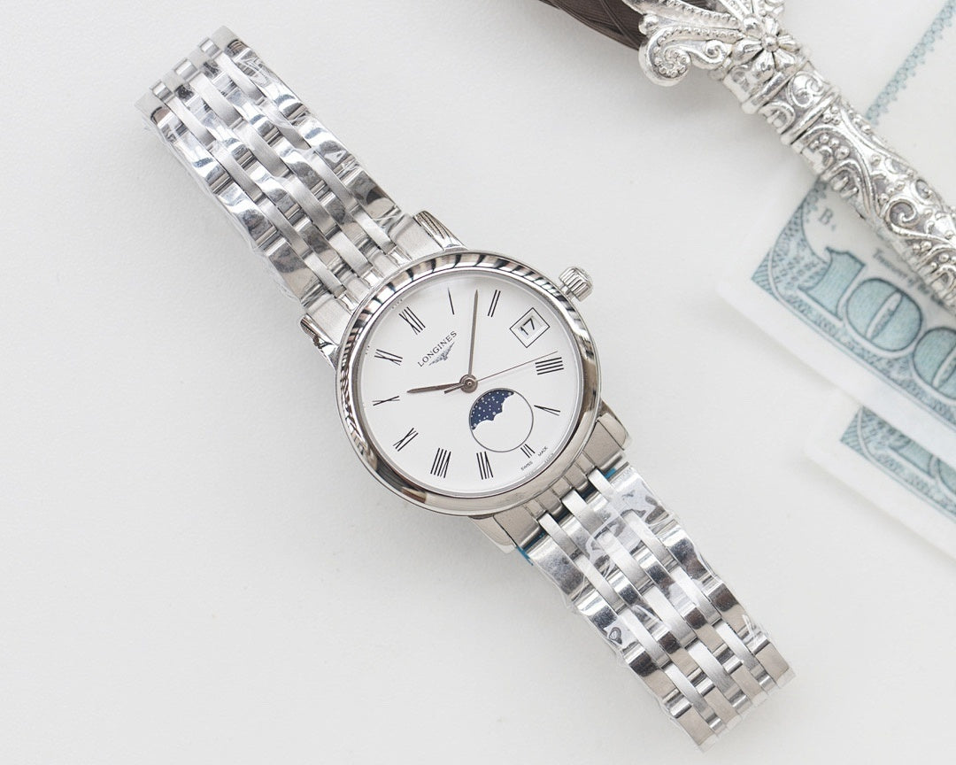 Longines watch with silver steel bracelet and white dial, moonphase subdial and roman numerals