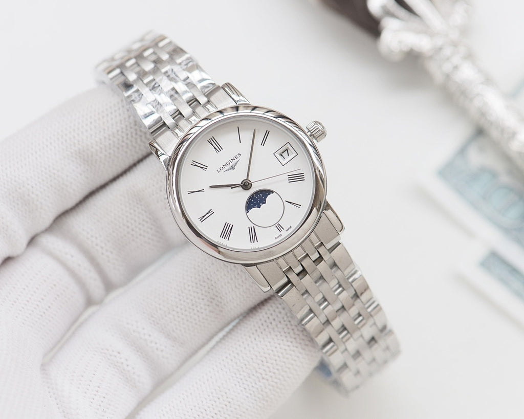 Longines watch with silver steel bracelet, white dial, moonphase display and minimalist index markers