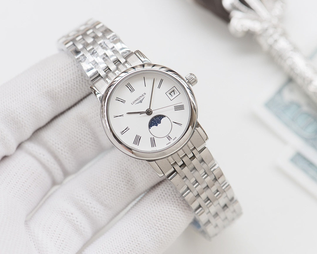 Longines watch with silver steel bracelet, white dial, moonphase display and minimalist index markers