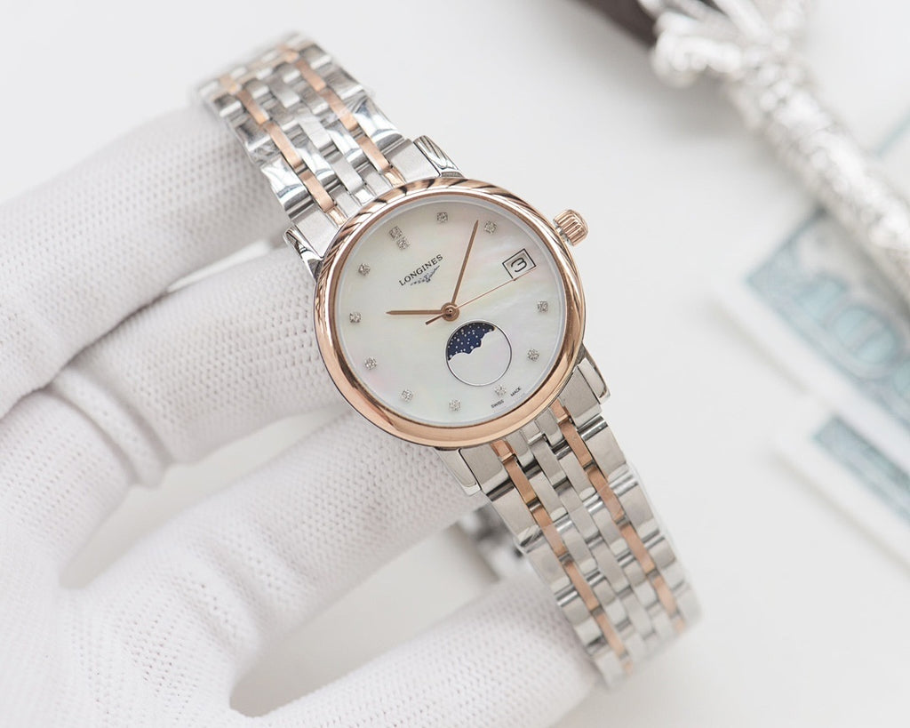 Longines watch with rose gold bezel, silver steel bracelet, white dial and moonphase