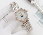 Longines watch with rose gold bezel, silver steel bracelet, white dial and moonphase