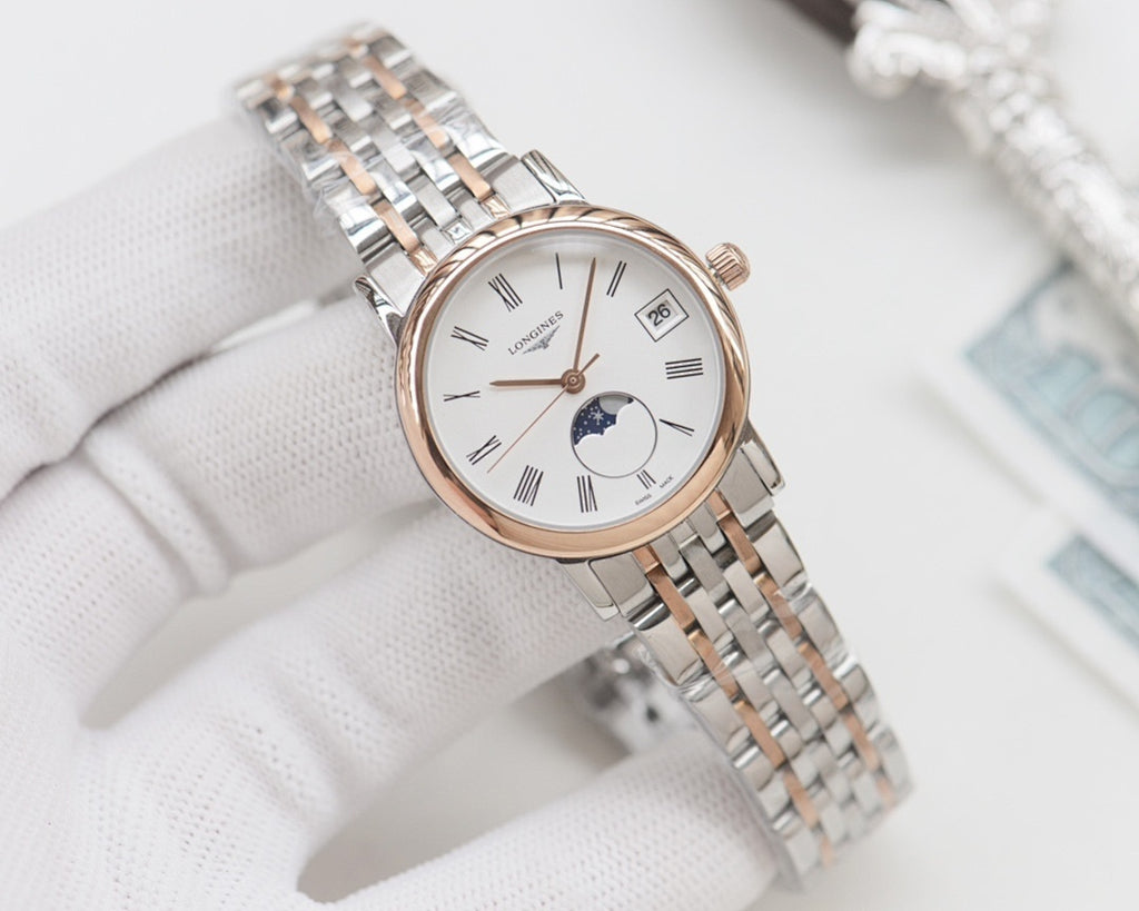 Longines watch with rose gold bezel, silver steel bracelet, white dial, moonphase and date window