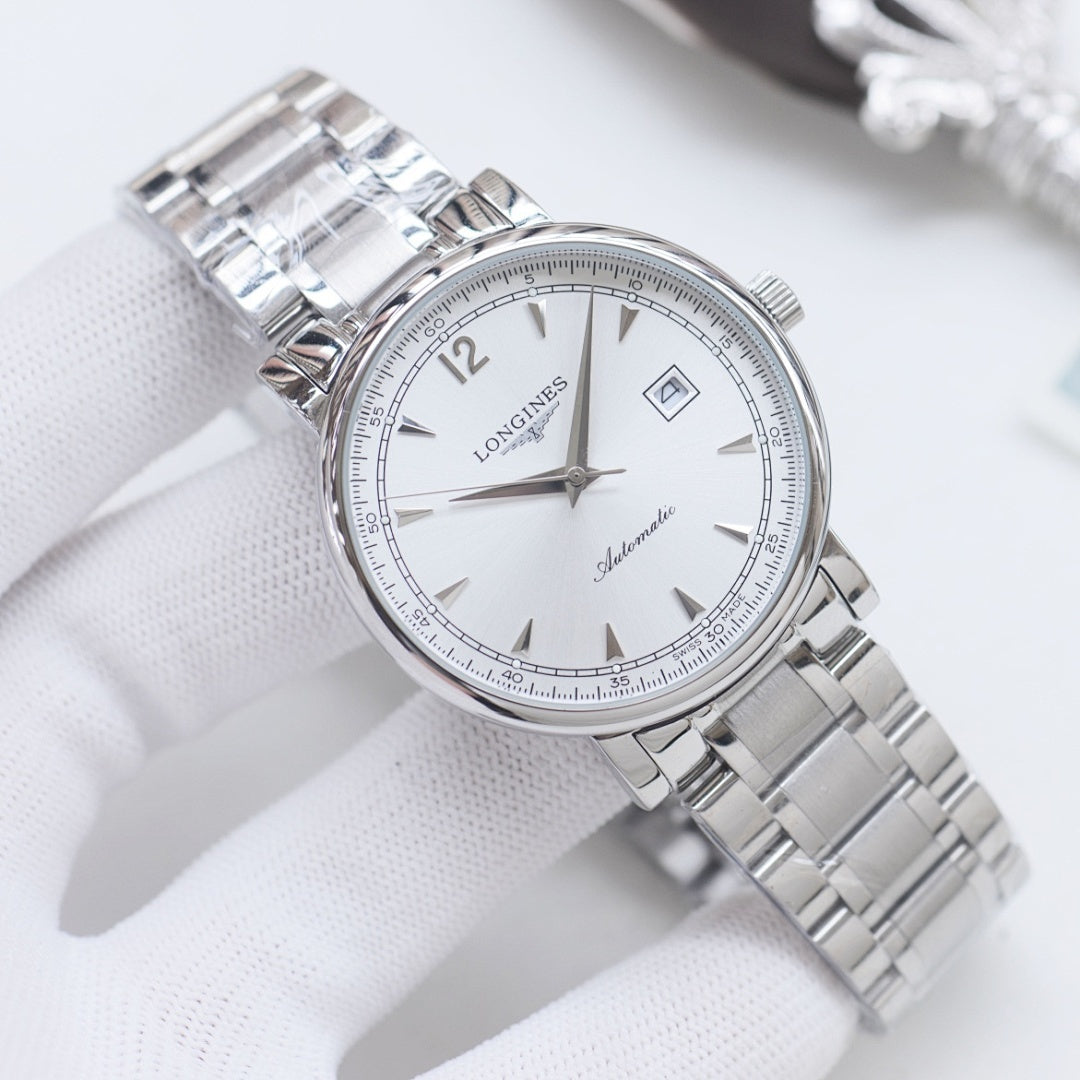 Longines stainless steel watch with silver-tone bracelet and white dial