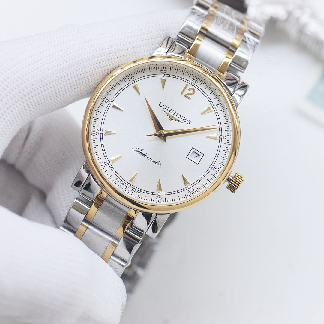 Longines two-tone watch with gold-tone bezel, silver bracelet, and white dial