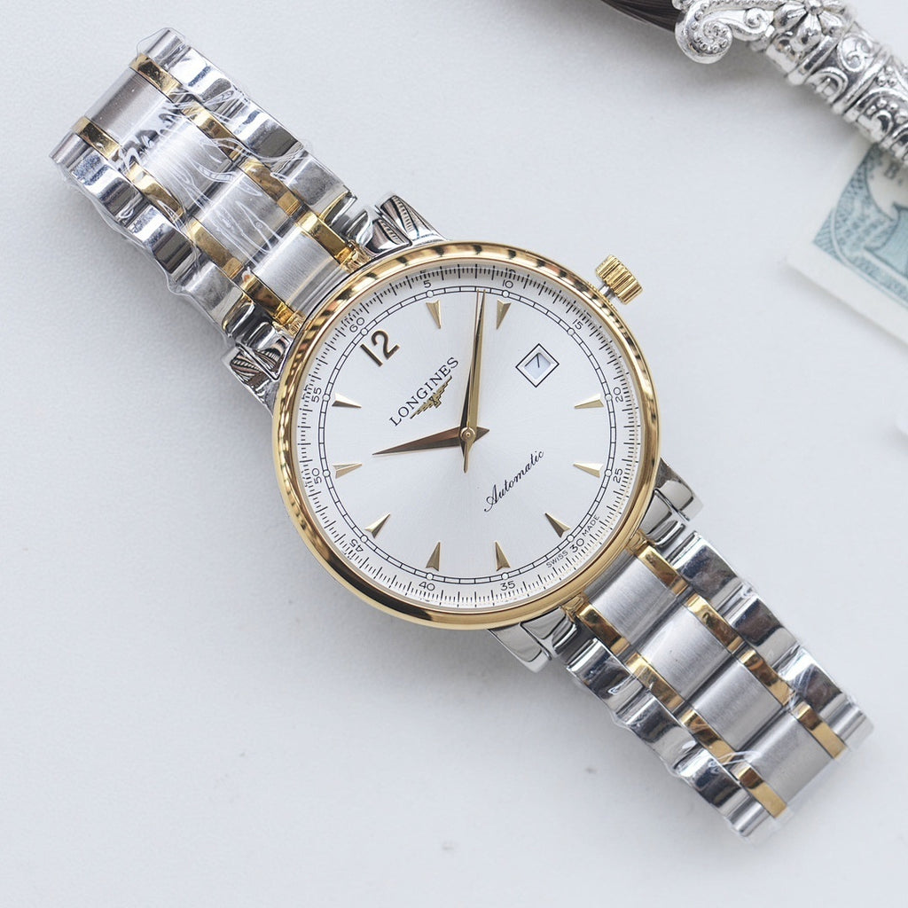 Longines two-tone stainless steel watch with gold bezel, silver bracelet, white dial