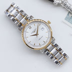 Longines two-tone stainless steel watch with gold bezel, silver bracelet, white dial