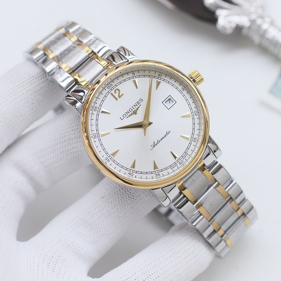 Longines two-tone watch with gold-tone bezel and silver bracelet, white dial