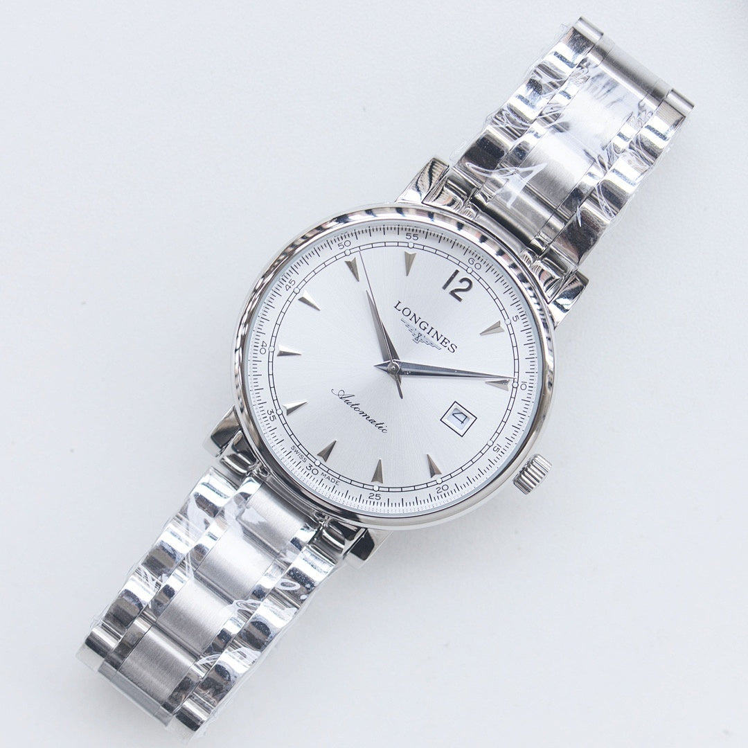 Longines stainless steel watch with silver bracelet and white dial, wristwatch face