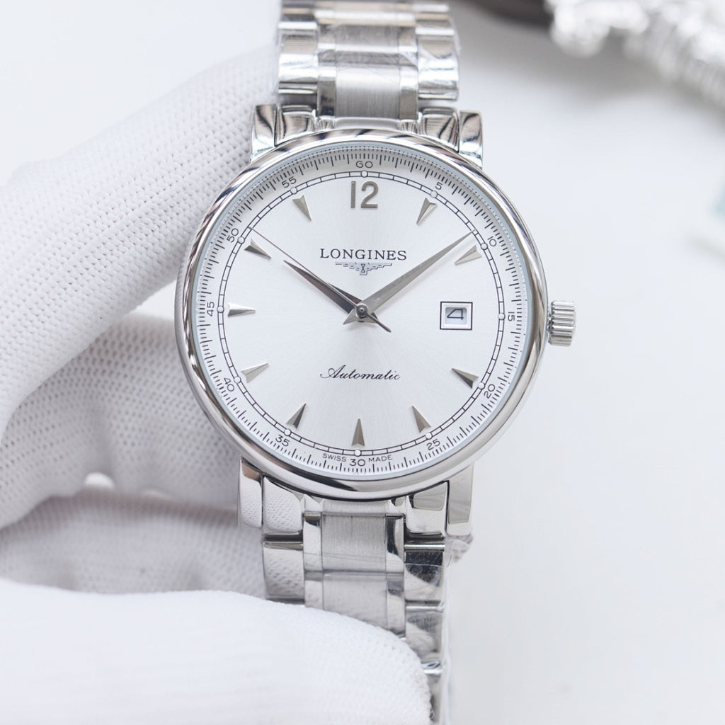 Longines stainless steel automatic watch with silver bracelet and white dial