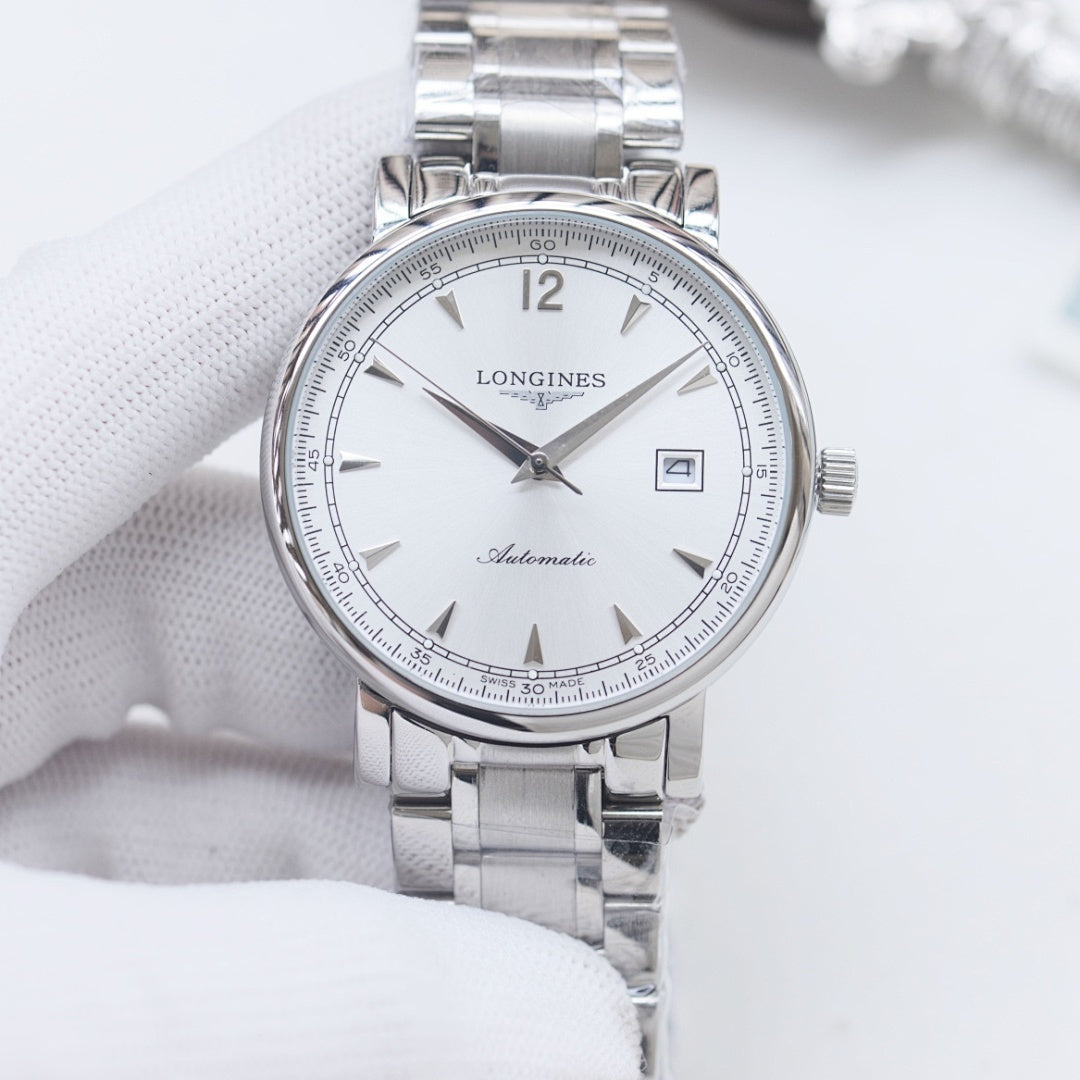 Longines stainless steel automatic watch with silver bracelet and white dial