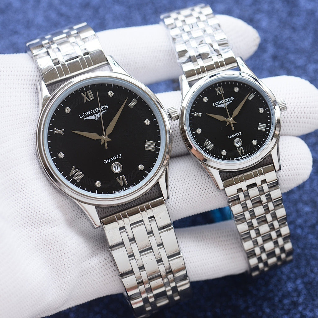 Quartz wristwatches with silver-tone metal bracelet and black dials, two-pack.