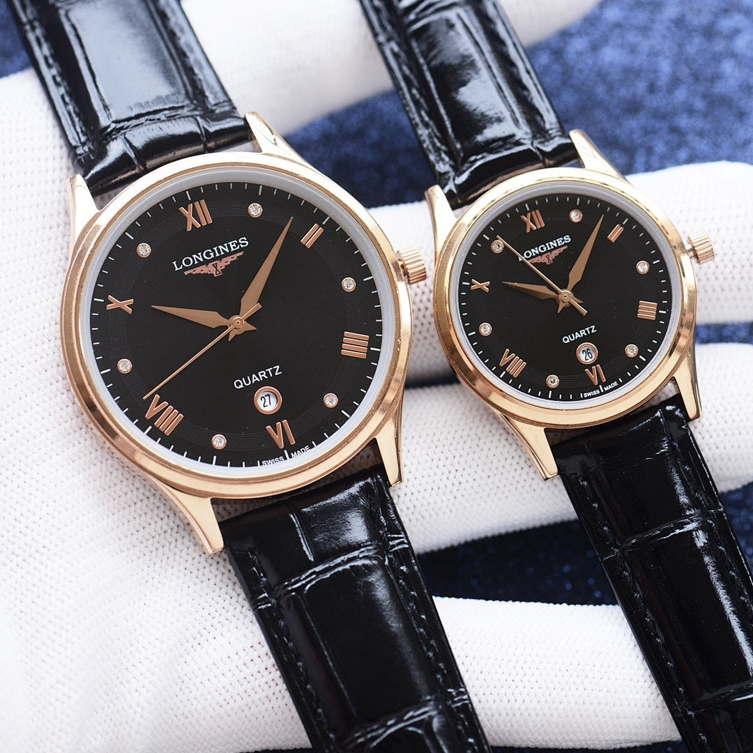 Gold-tone and black leather-strap quartz wristwatches with black dials, two-pack.