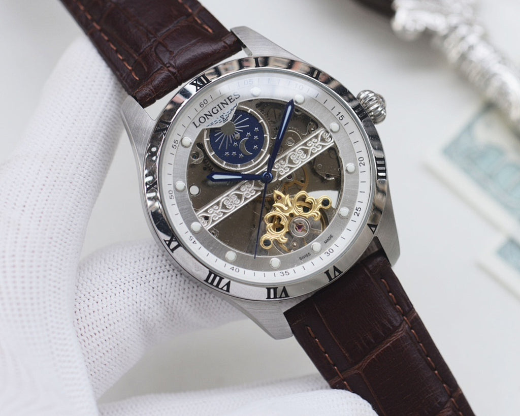 Steel-tone analog watch with black dial, blue subdial, skeleton movement, brown leather strap