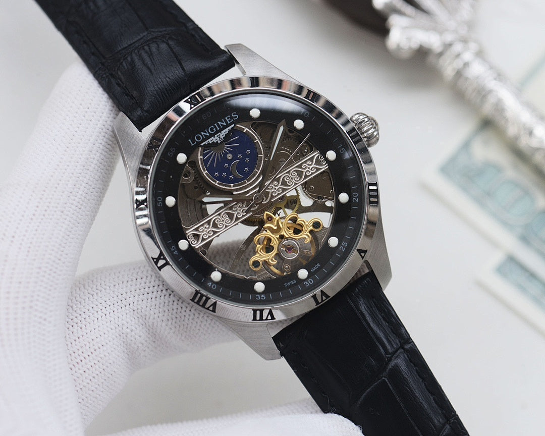 Silver-tone analog watch with black dial, blue subdial, skeleton movement, black leather strap