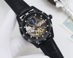 Black dial analog Longines watch with blue subdial and skeleton movement, black leather strap
