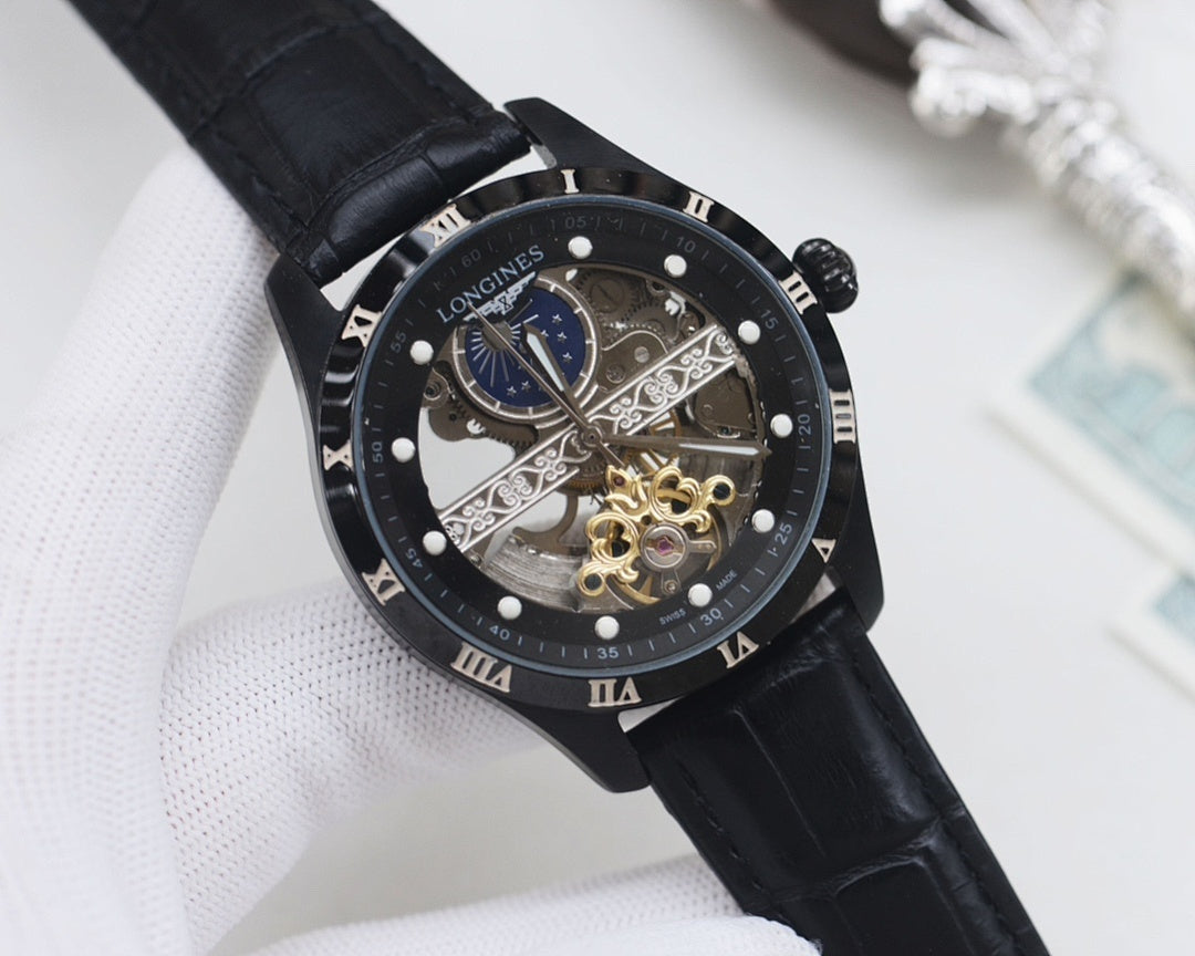 Black dial analog Longines watch with blue subdial and skeleton movement, black leather strap