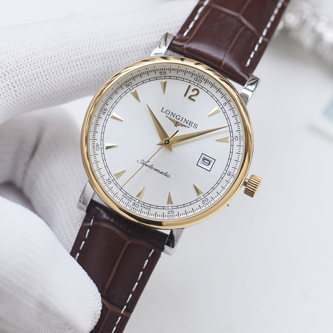 Longines automatic wristwatch, white dial, brown leather strap, gold-tone bezel.