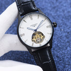 Longines mechanical watch with white dial, black leather strap, gold skeleton movement