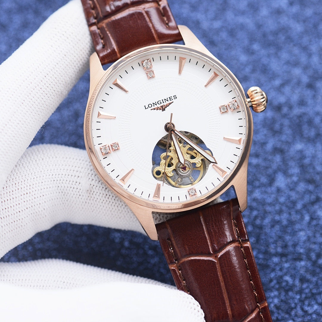 Longines mechanical watch with white dial, brown leather strap, gold skeleton movement, rose case