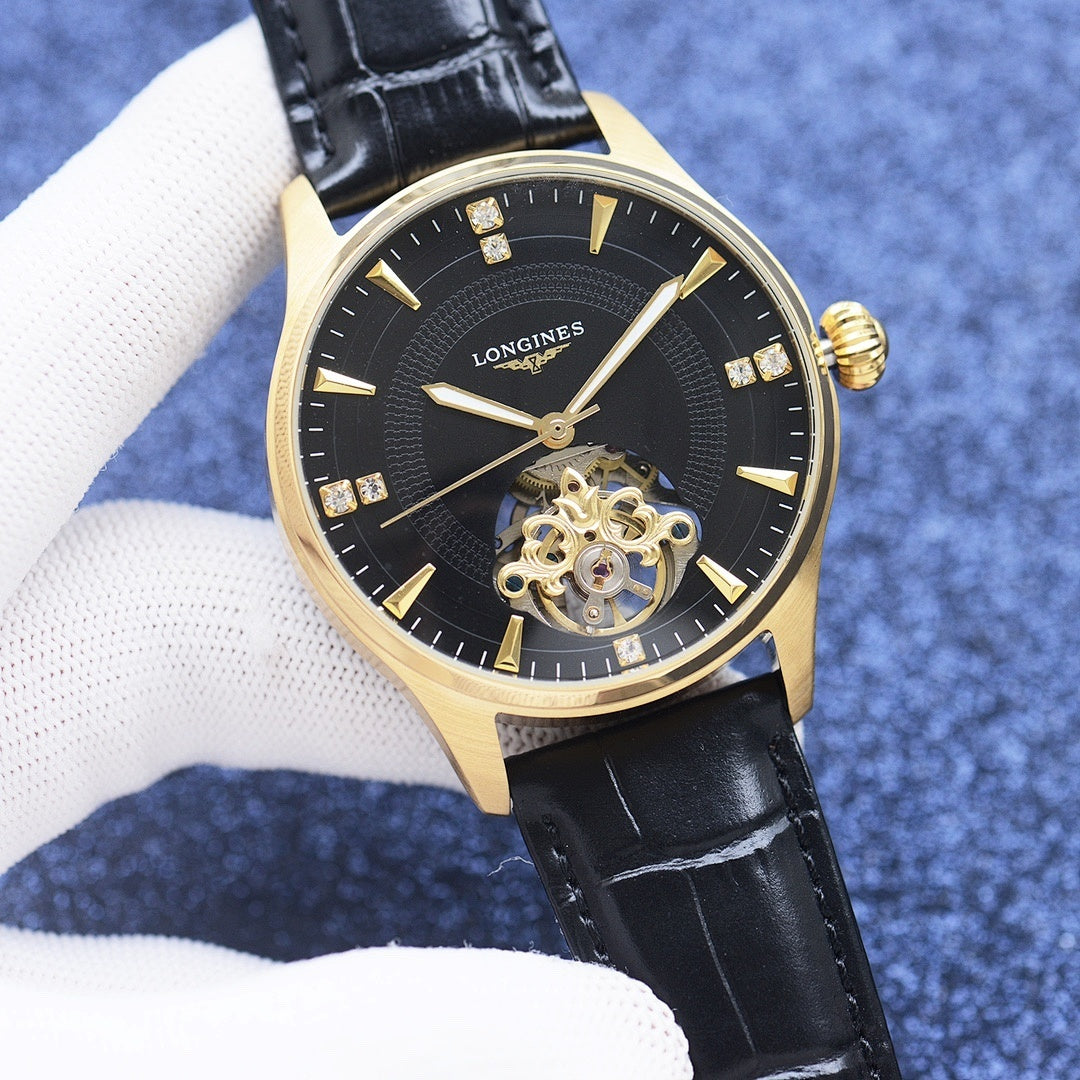 Longines mechanical watch with black dial, black leather strap, gold-tone case and markers