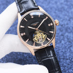 Longines mechanical watch with black dial, black leather strap, rose-gold tone case, gold movement