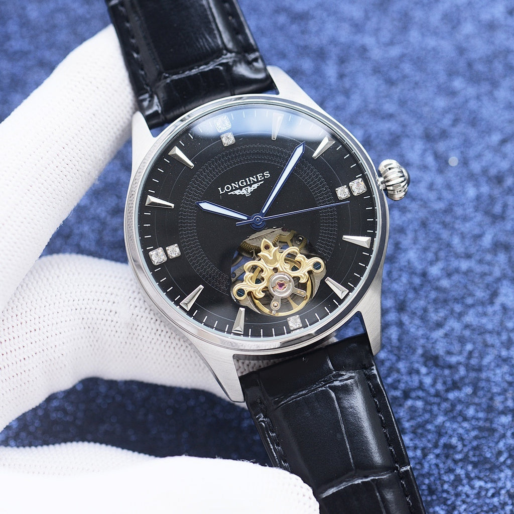 Longines watch with black dial, black leather strap, silver-tone case, gold skeleton movement